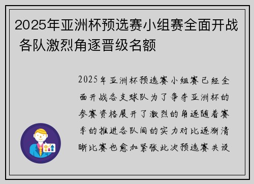 2025年亚洲杯预选赛小组赛全面开战 各队激烈角逐晋级名额